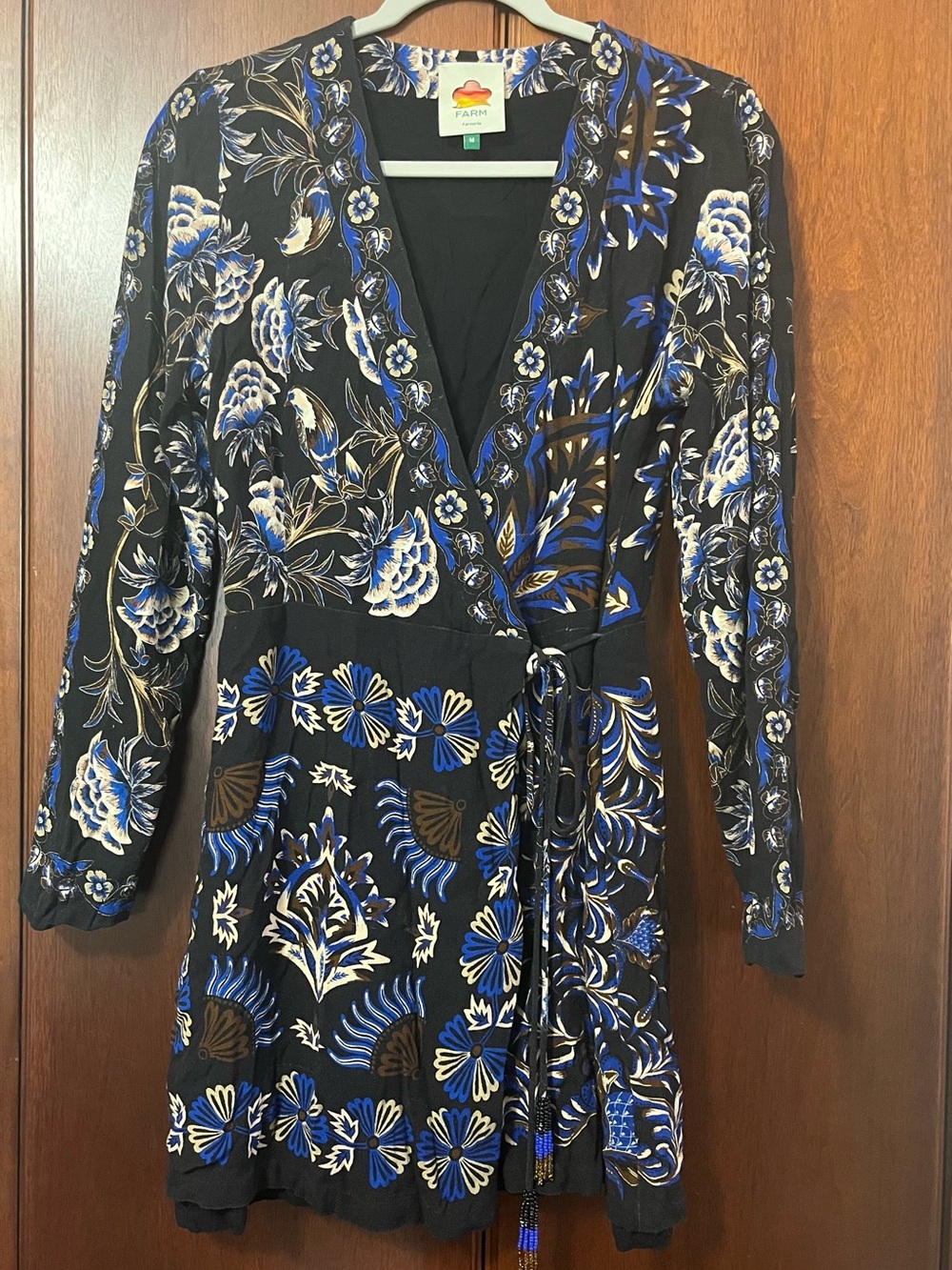 Farm Rio Arabesque Black & Blue Floral Wrap Dress